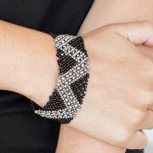 Paparazzi Desert Loom Black, Silver & White Beaded Elastic Bracelet